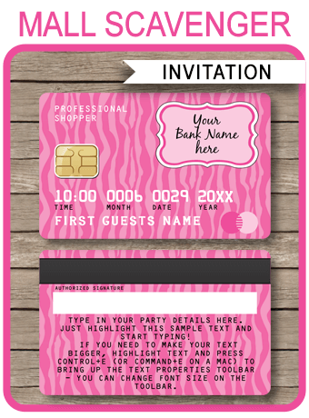 Credit Card Invitations | Mall Scavenger Hunt Party | Pink Zebra | Shopping Party Theme | Editable DIY Template | Instant Download