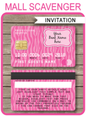 Credit Card Invitations | Mall Scavenger Hunt Party | Pink Zebra | Shopping Party Theme | Editable DIY Template | Instant Download