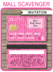 Credit Card Invitations | Mall Scavenger Hunt Party | Pink Zebra | Shopping Party Theme | Editable DIY Template | Instant Download