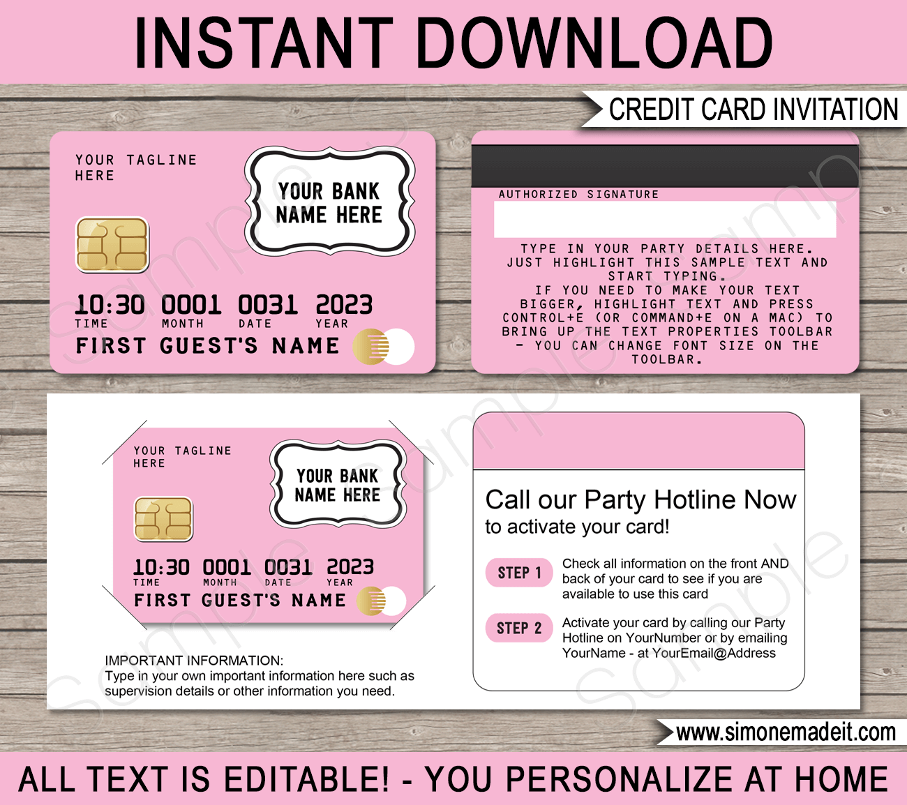 Pink Credit Card Invitations Template | Printable Mall Scavenger Hunt