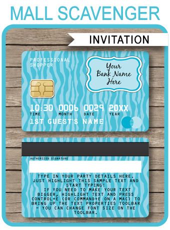 Credit Card Invitations | Mall Scavenger Hunt Invitations | Shopping Party Theme | Editable DIY Template | Instant Download