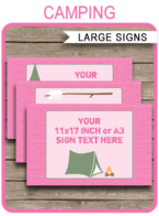 Pink Girl Camping Party Signs | Editable & Printable DIY Templates | Party Decorations | Tabloid / Ledger 11x17 inches | A3 | $4.00 Instant Download via SIMONEmadeit.com