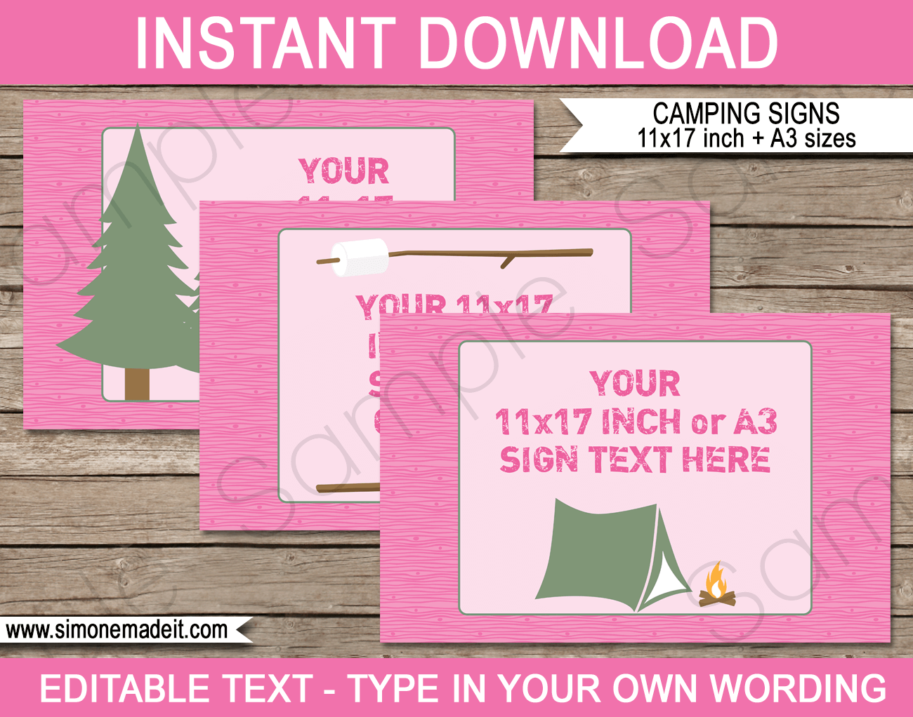 Pink Girl Camping Party Signs | Editable & Printable DIY Templates | Party Decorations | Tabloid / Ledger 11x17 inches | A3 | $4.00 Instant Download via SIMONEmadeit.com