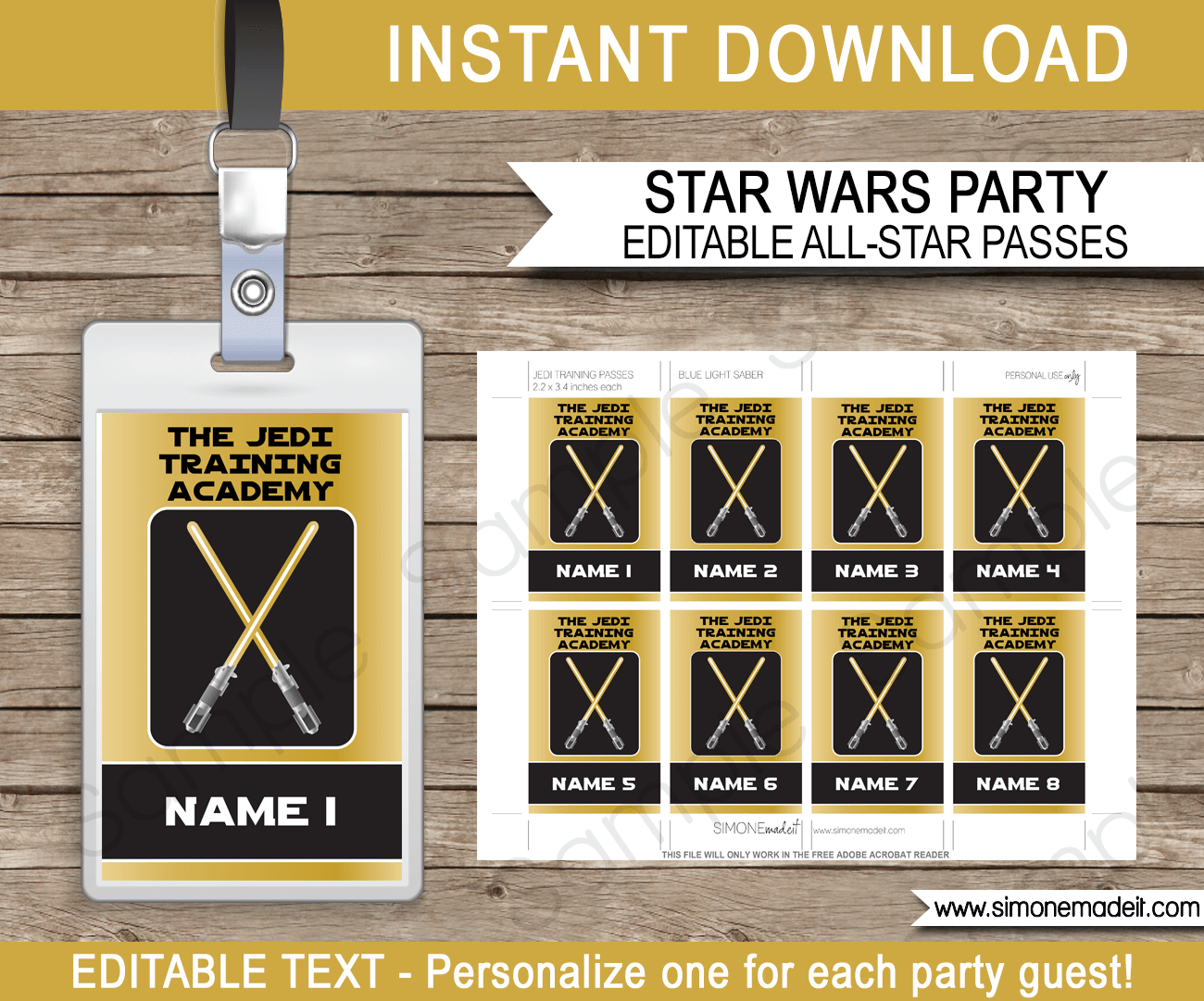 Printable Gold Star Wars Jedi Training Passes Template | Birthday Party Favors | DIY Editable Text | $3.50 INSTANT DOWNLOAD via SIMONEmadeit.com