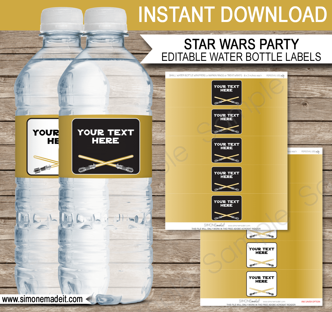 Printable Gold Star Wars Water Bottle Labels Template | Birthday Party Decorations | DIY Editable Text | $3.00 INSTANT DOWNLOAD via SIMONEmadeit.com