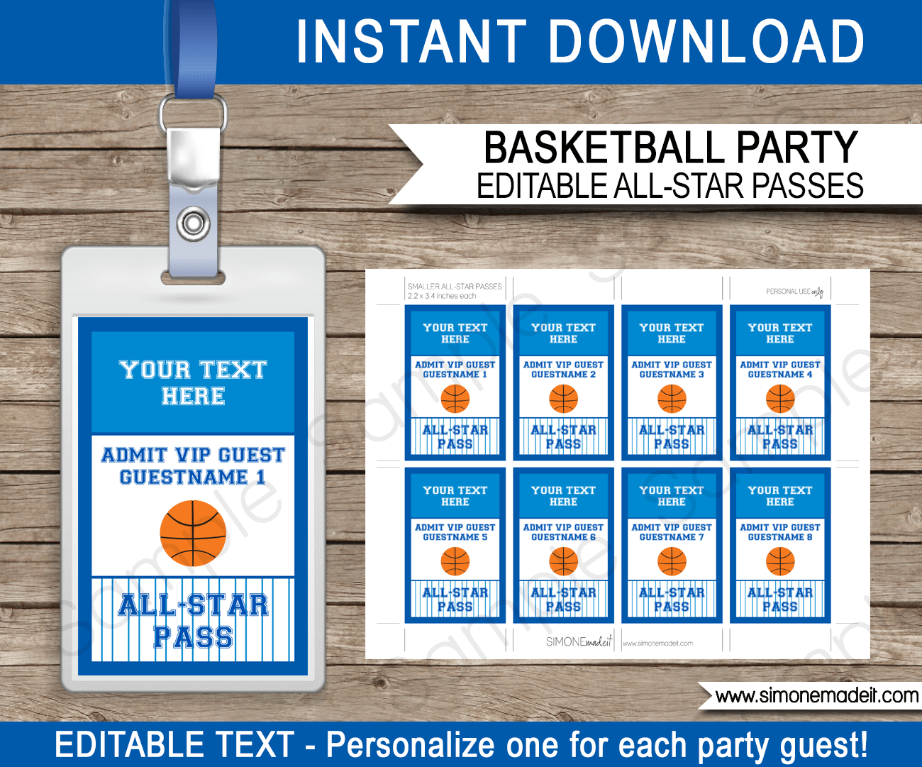 Navy and Blue Basketball VIP Pass Template | All Star Passes | Birthday Party | Editable & Printable Template | $3.00 INSTANT DOWNLOAD via simonemadeit.com