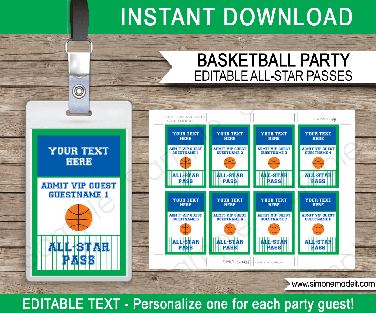 Navy Blue and Green Basketball VIP Pass Template | All Star Passes | Birthday Party | Editable & Printable Template | $3.00 INSTANT DOWNLOAD via simonemadeit.com