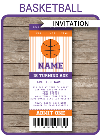 Purple Orange Basketball Ticket Invitation Template