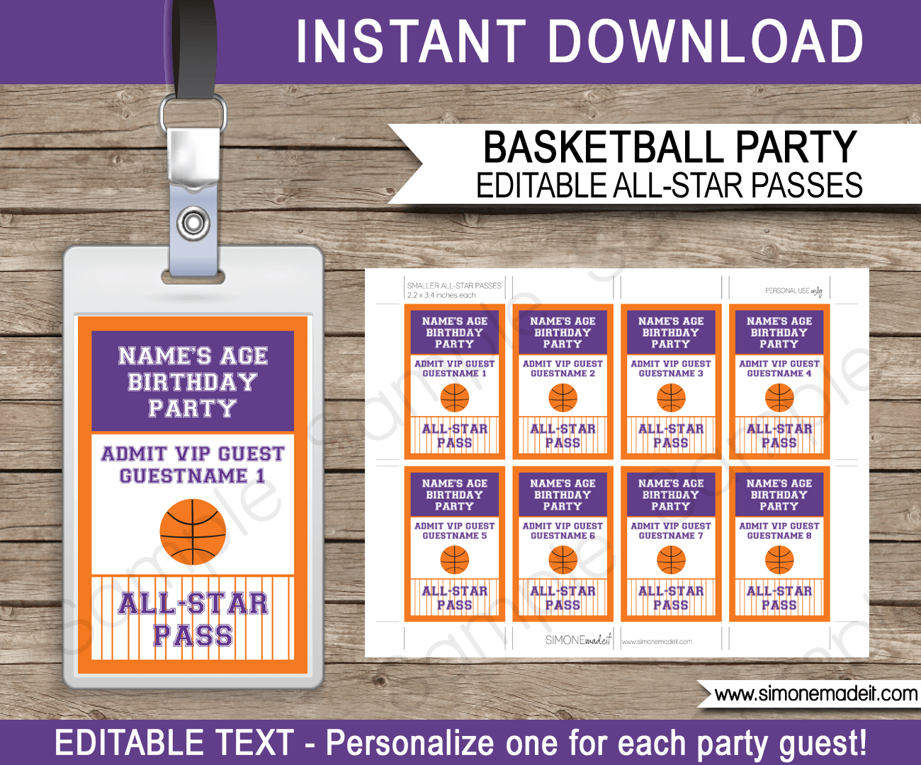 Orange and Purple Basketball VIP Pass Template | All Star Passes | Birthday Party | Editable & Printable Template | $3.50 INSTANT DOWNLOAD via simonemadeit.com
