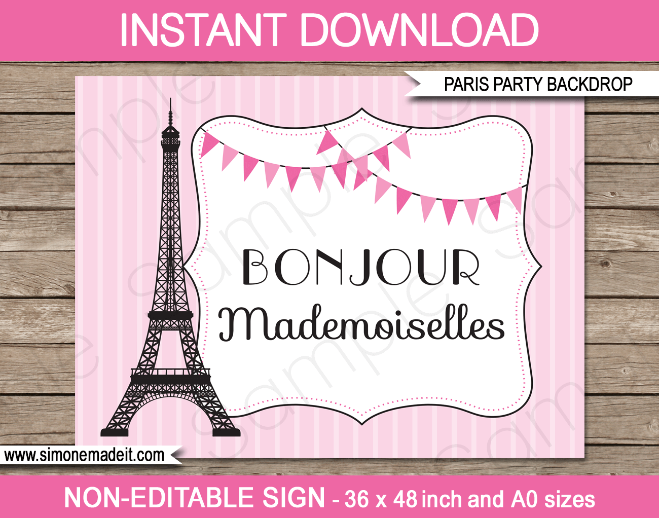Printable Paris Party Backdrops - Bonjour Mademoiselles | Printable DIY Template | Party Decorations | 36x48 inches | A0 | $4.50 Instant Download via SIMONEmadeit.com