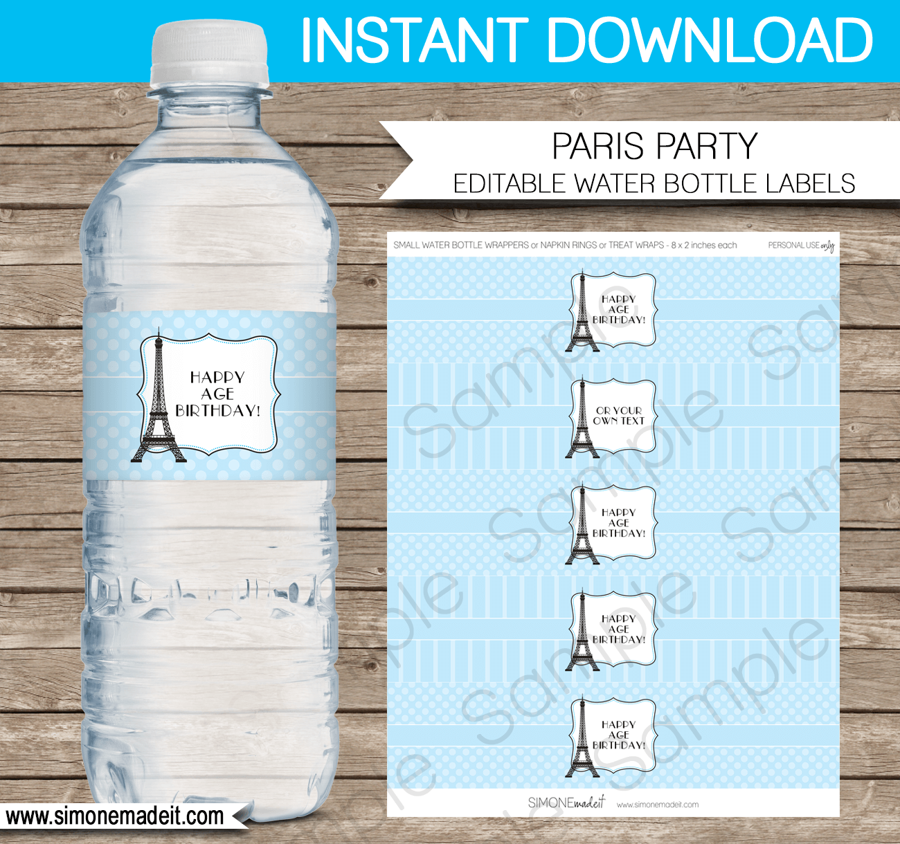 Blue Paris Water Bottle Labels | Birthday Party | Baby Shower | Editable DIY Template | $3.00 INSTANT DOWNLOAD via SIMONEmadeit.com