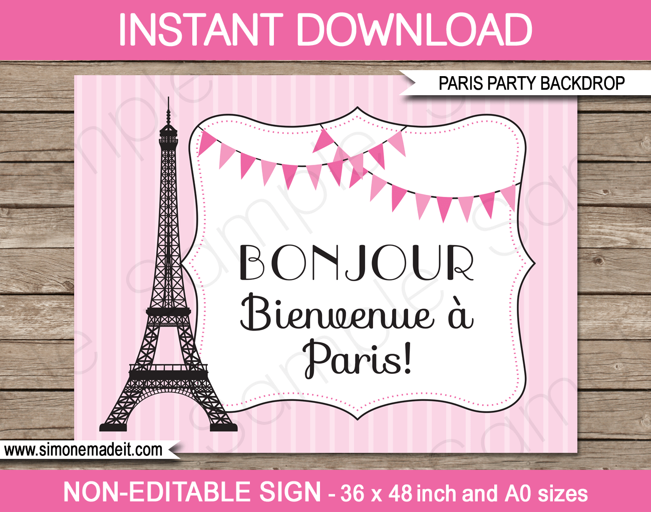 Printable Paris Party Backdrops - Bonjour Bienvenue a Paris | Printable DIY Template | Party Decorations | 36x48 inches | A0 | $4.50 Instant Download via SIMONEmadeit.com