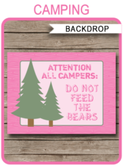 Pink Girl Camping Party Sign Backdrop - Do not Feed the Bears | Printable DIY Template | Party Decorations | 36x48 inches | A0 | $4.50 Instant Download via SIMONEmadeit.com