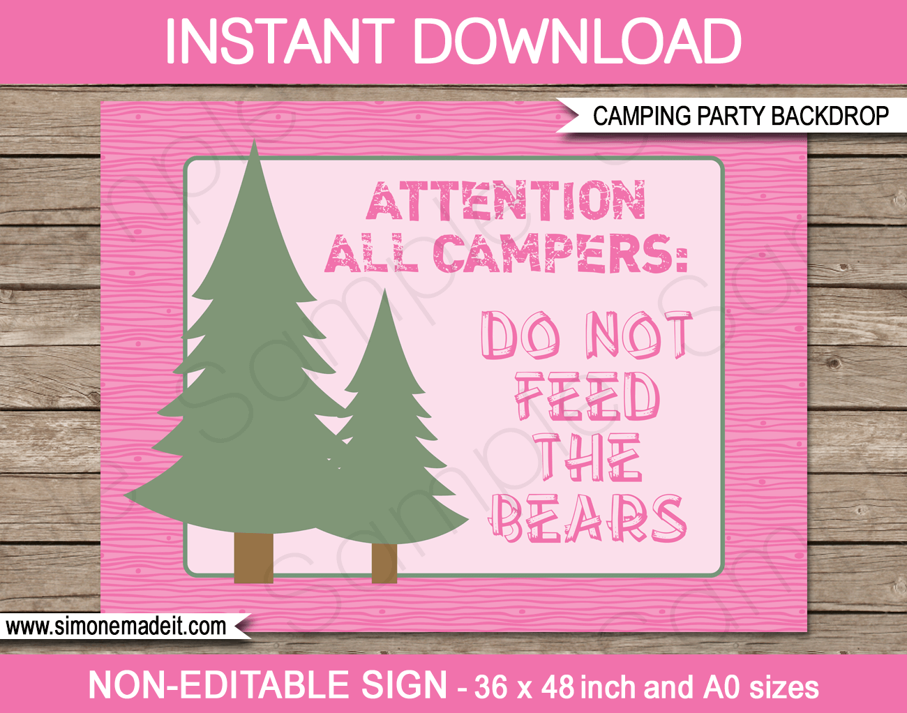 Pink Girl Camping Party Sign Backdrop - Do not Feed the Bears | Printable DIY Template | Party Decorations | 36x48 inches | A0 | $4.50 Instant Download via SIMONEmadeit.com