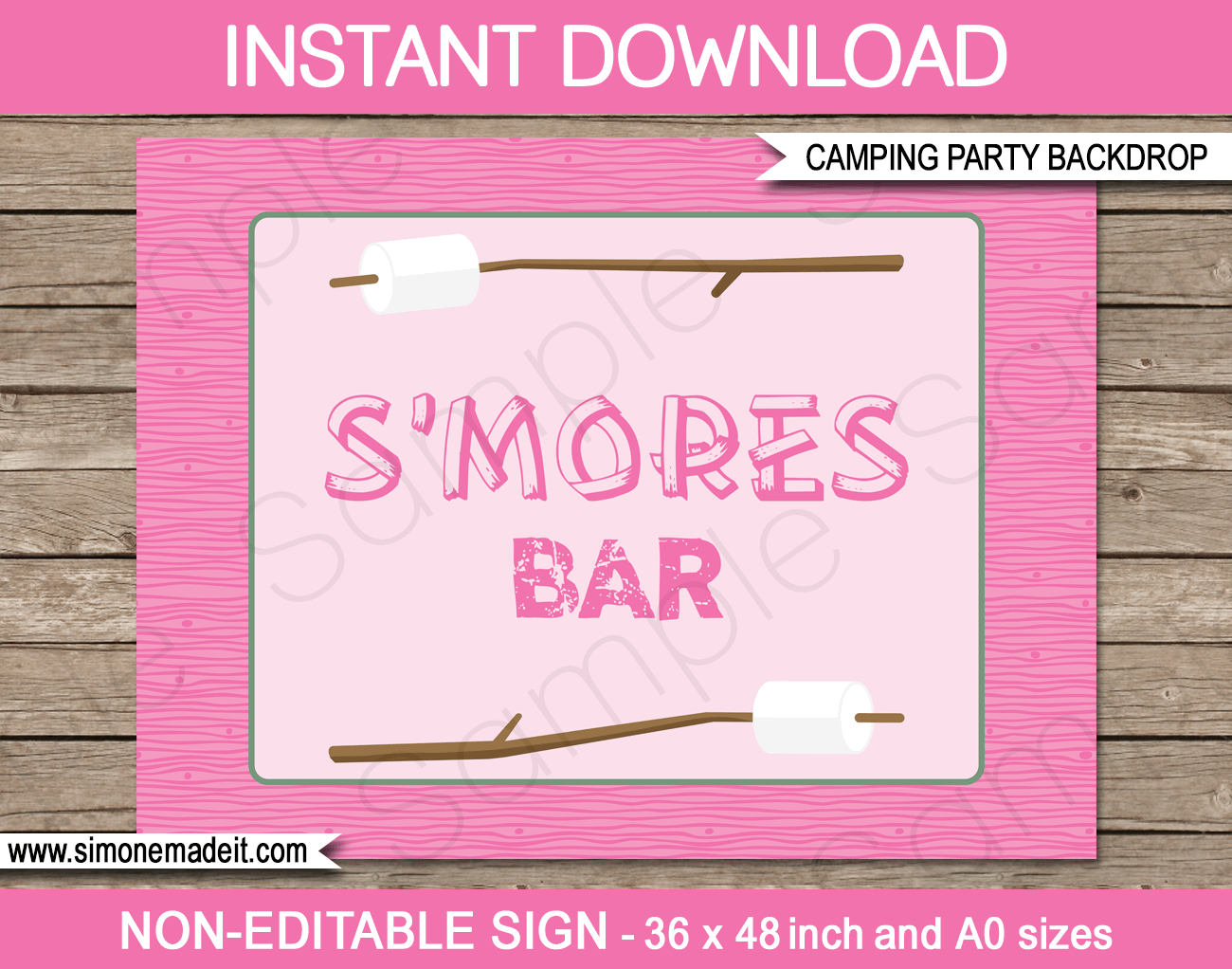 Pink Girl Camping Party S'mores Bar Backdrop | Printable DIY Template | Party Decorations | 36x48 inches | A0 | $4.50 Instant Download via SIMONEmadeit.com