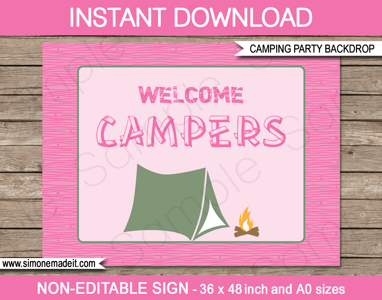 Pink Girl Camping Party Backdrop - Welcome Campers | Printable DIY Template | Party Decorations | 36x48 inches | A0 | $4.50 Instant Download via SIMONEmadeit.com