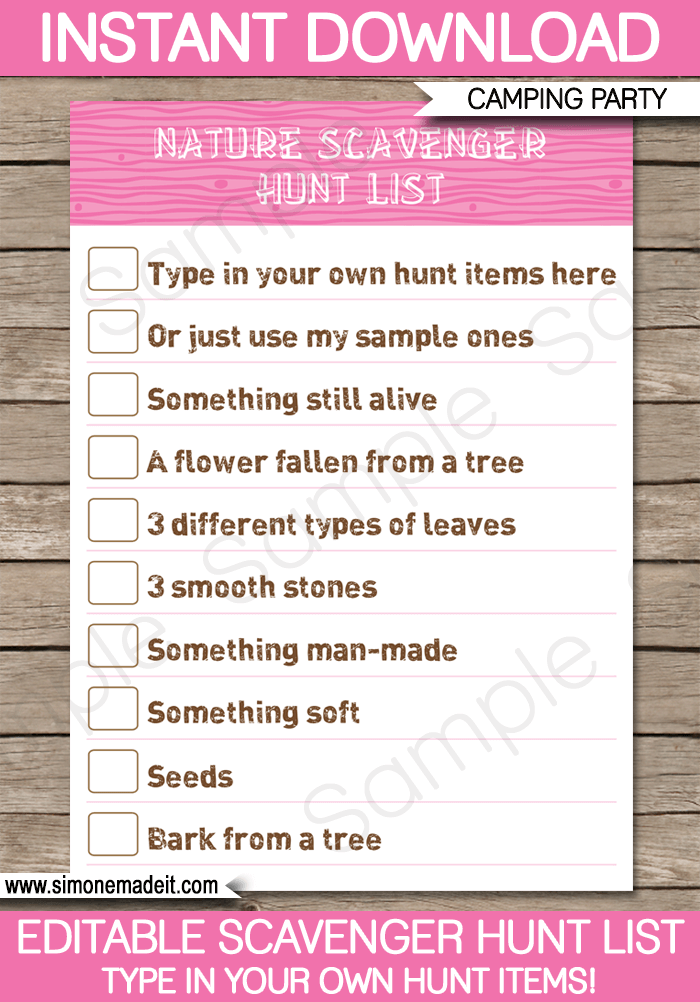 Pink Girl Camping Scavenger Hunt List Printable template for kids | DIY Editable Template | $3.00 INSTANT DOWNLOAD via simonemadeit.com