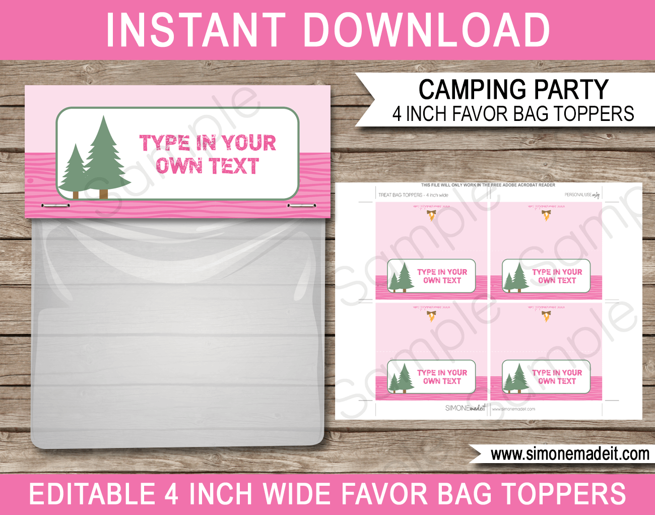 Pink Girl Camping Party Favor Bag Toppers | Birthday Party | Editable DIY Template | $3.00 INSTANT DOWNLOAD via SIMONEmadeit.com
