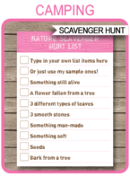 Camping Scavenger Hunt List template – pink