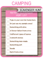 Pink Girl Camping Scavenger Hunt List Printable template for kids | DIY Editable Template | $3.00 INSTANT DOWNLOAD via simonemadeit.com