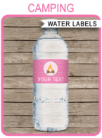 Pink Girl Camping Party Water Bottle Labels | Birthday Party | Editable DIY Template | $3.00 INSTANT DOWNLOAD via SIMONEmadeit.com