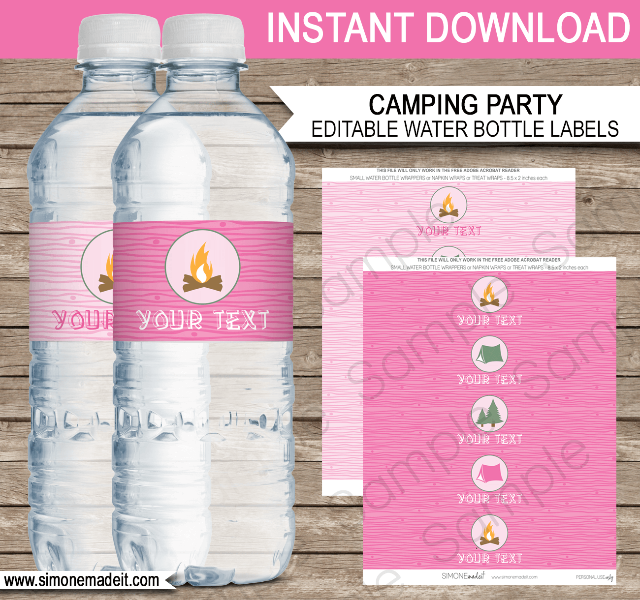 Pink Girl Camping Party Water Bottle Labels | Birthday Party | Editable DIY Template | $3.00 INSTANT DOWNLOAD via SIMONEmadeit.com