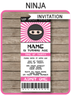 Pink Ninja Party Ticket Invitations | DIY Editable & Printable template | Ninja Birthday Party