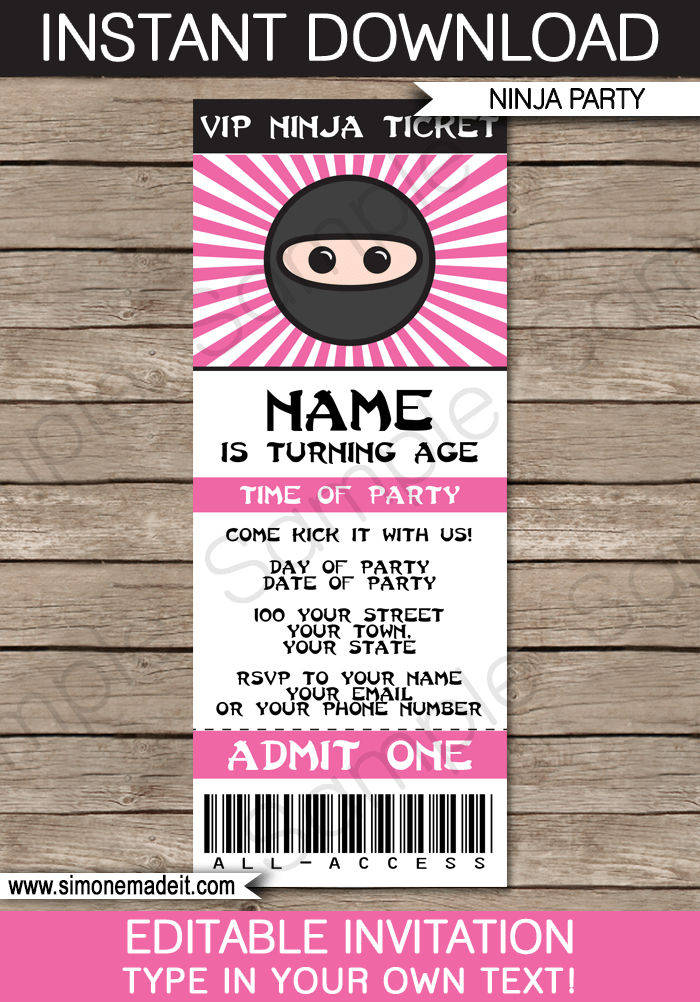 Pink Ninja Party Ticket Invitations | Birthday Party | Editable DIY Theme Template | INSTANT DOWNLOAD $7.50 via SIMONEmadeit.com