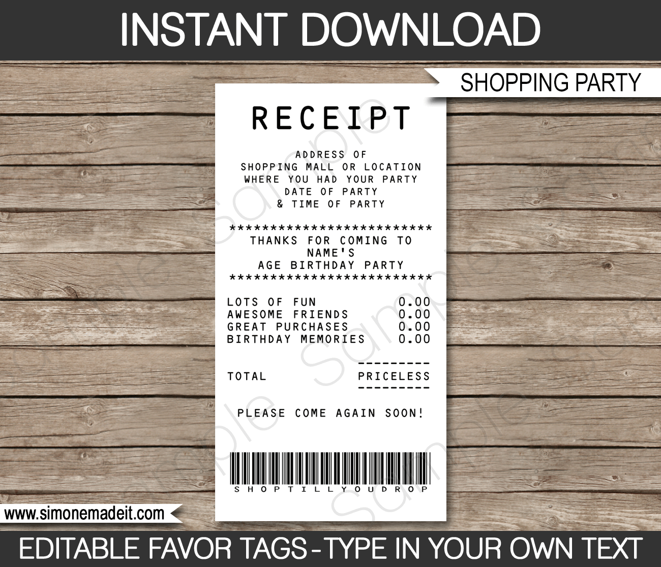 Credit Card Receipt Favor Tags | Thank You Tags | Shopping Party | Mall Scavenger Hunt | Editable and Printable DIY Template | Instant Download via simonemadeit.com