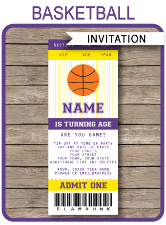 Yellow and Purple Basketball Party Ticket Invitation template