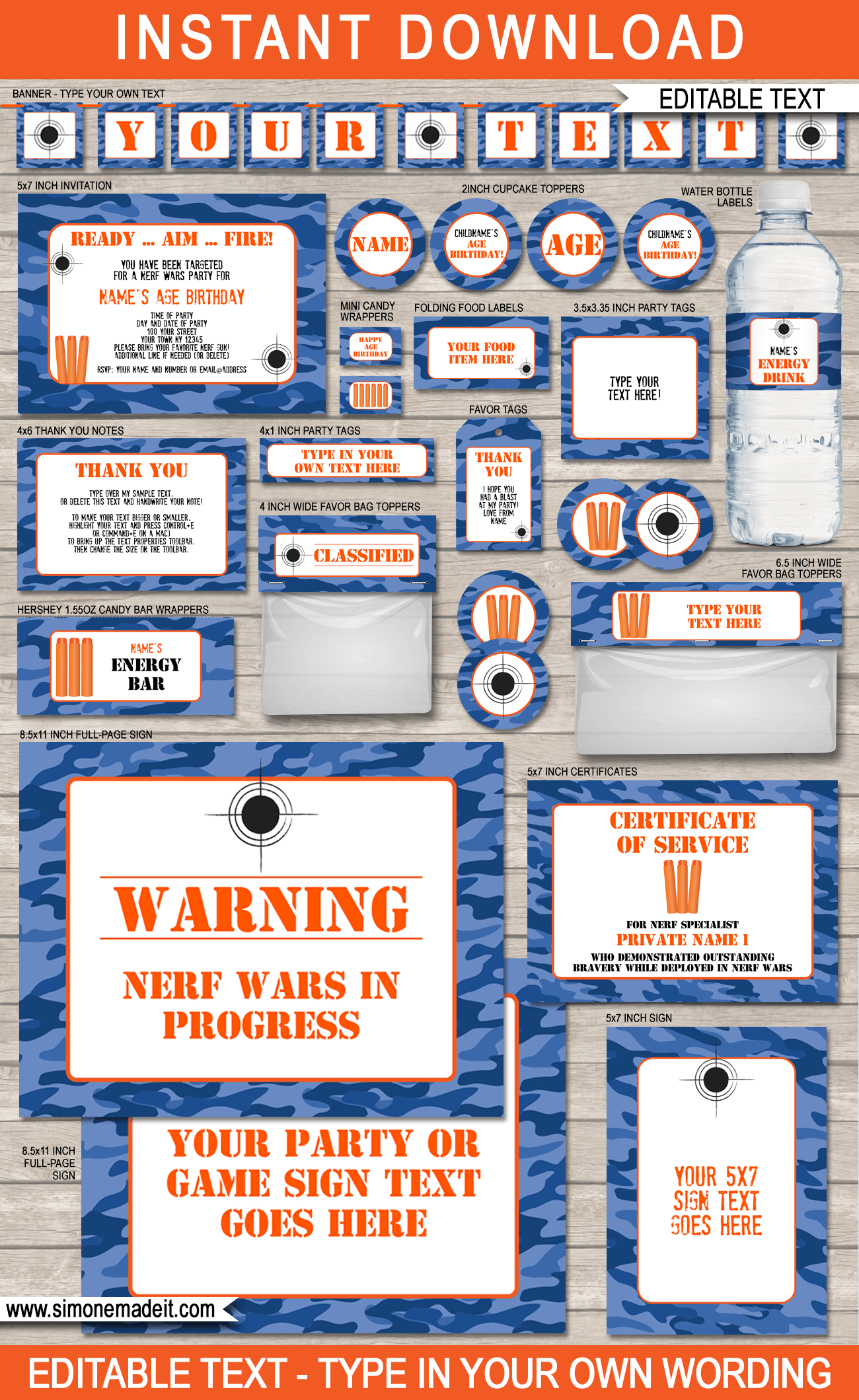 Blue Camo Nerf Party Printables editable templates