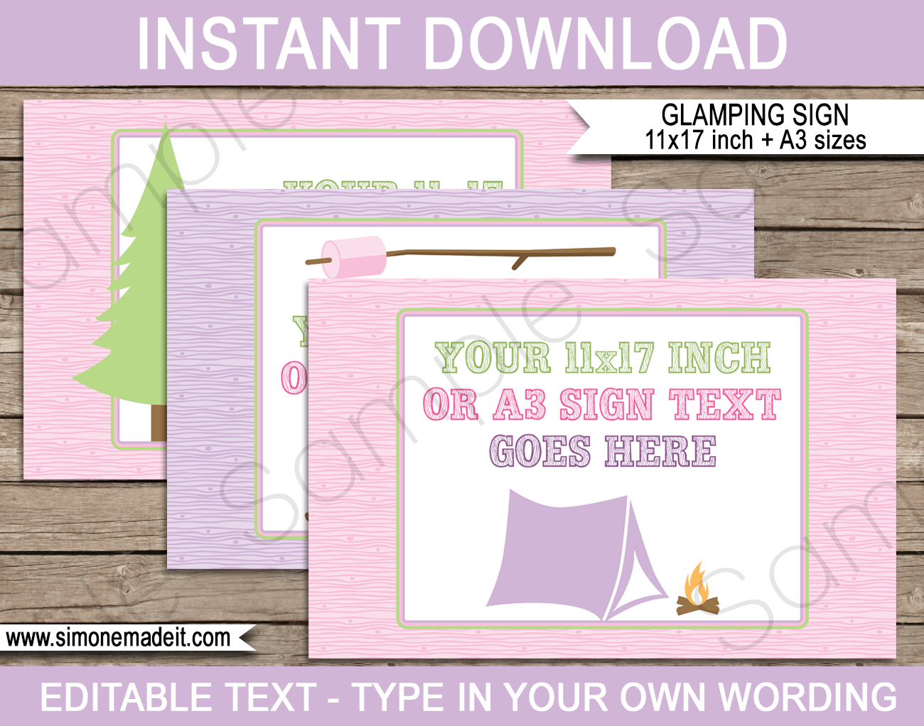 Glamping Party Signs | Editable & Printable DIY Templates | Party Decorations | Tabloid / Ledger 11x17 inches | A3 | $4.00 Instant Download via SIMONEmadeit.com