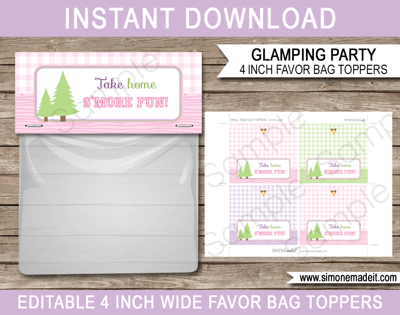 Glamping Party Favor Bag Toppers | Camping Birthday Party Favors | Editable DIY Template | $3.00 INSTANT DOWNLOAD via SIMONEmadeit.com