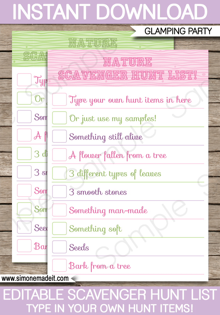 Glamping Scavenger Hunt List Printable template for kids | Glamping Party Game | DIY Editable Template | $3.00 INSTANT DOWNLOAD via simonemadeit.com