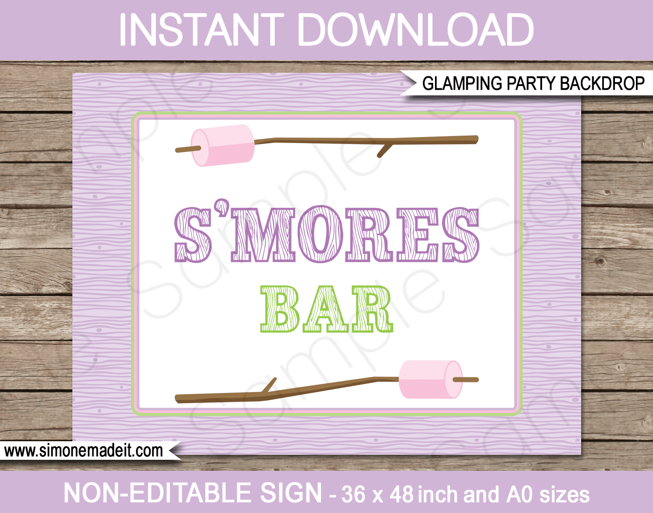 Glamping Party S'mores Bar Sign or Backdrop | Printable DIY Template | Party Decorations | 36x48 inches | A0 | $4.50 Instant Download via SIMONEmadeit.com