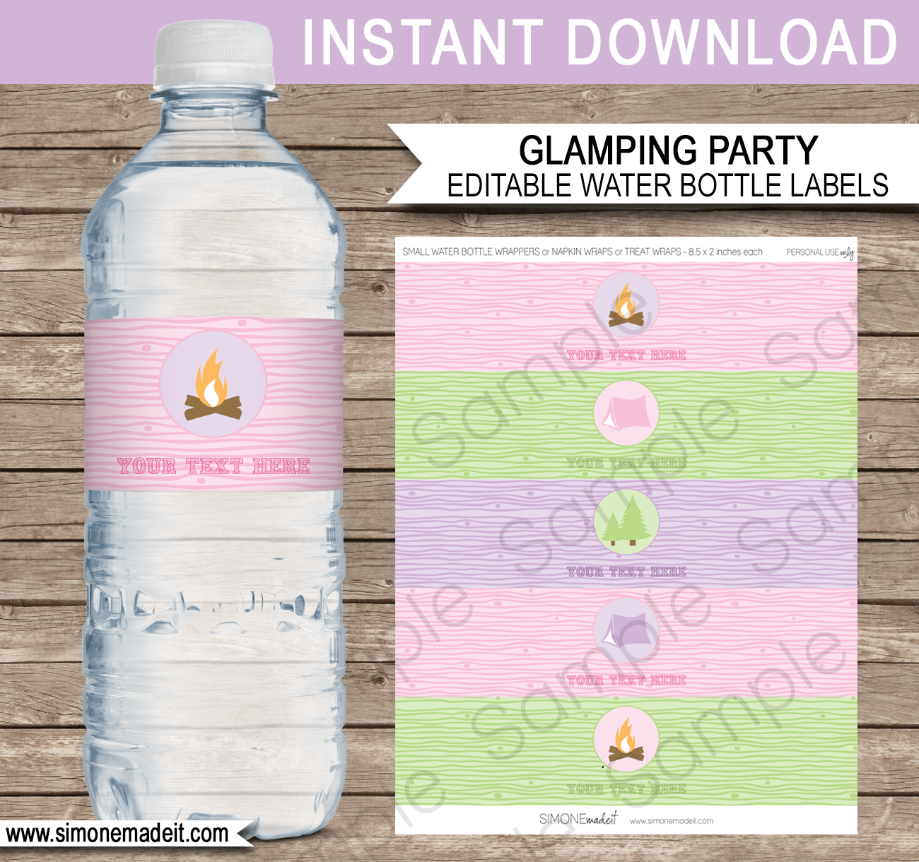 Glamping Party Water Bottle Labels | Birthday Party Printable Decorations | Editable DIY Template | $3.00 INSTANT DOWNLOAD via SIMONEmadeit.com