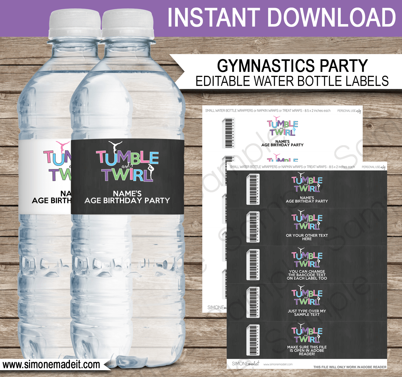 Gymnastics Party Water Bottle Labels | Birthday Party | Editable DIY Template | $3.00 INSTANT DOWNLOAD via SIMONEmadeit.com