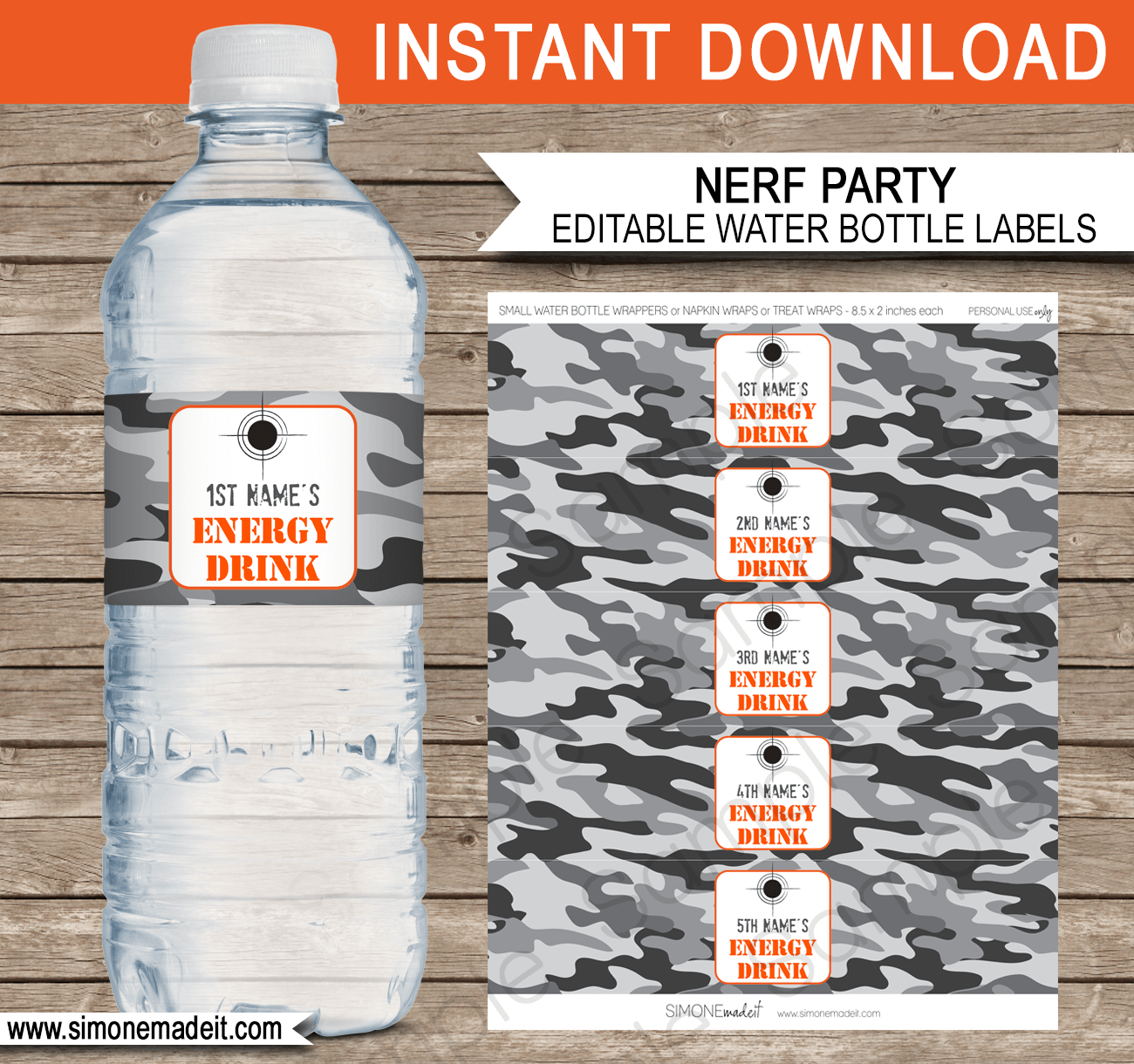 Nerf Party Water Bottle Labels Template | Editable Birthday Party Printable Decorations | $3.00 INSTANT DOWNLOAD via SIMONEmadeit.com