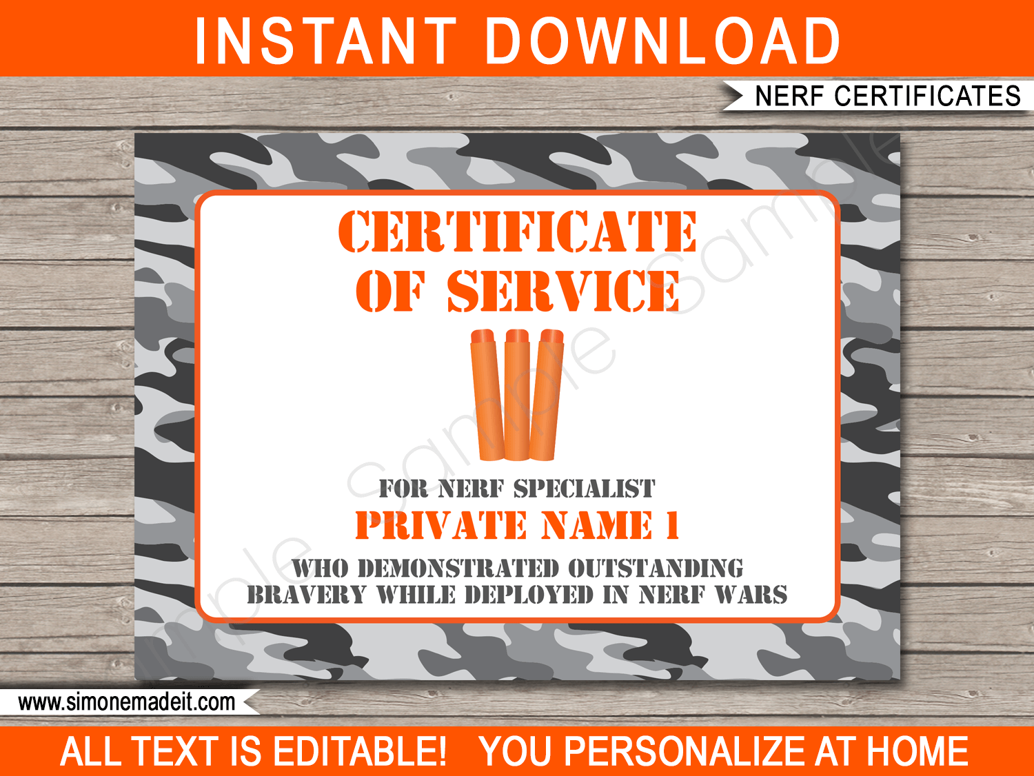 Nerf Wars Certificate - Camo | DIY Editable & Printable Template | Nerf Birthday Party | $3.00 INSTANT DOWNLOAD via simonemadeit.com