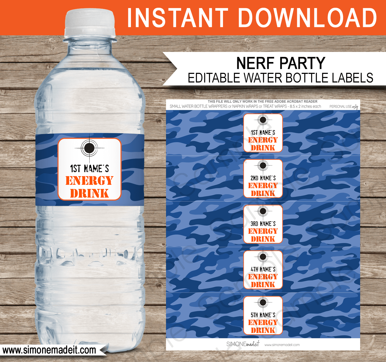 Nerf Water Bottle Labels Template | DIY Editable Birthday Party Printable Decorations | $3.00 INSTANT DOWNLOAD via SIMONEmadeit.com
