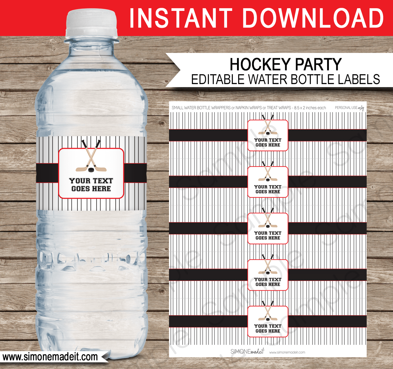 Hockey Party Water Bottle Labels | Red and Black | Birthday Party Printable Decorations | Editable DIY Template | $3.00 INSTANT DOWNLOAD via SIMONEmadeit.com