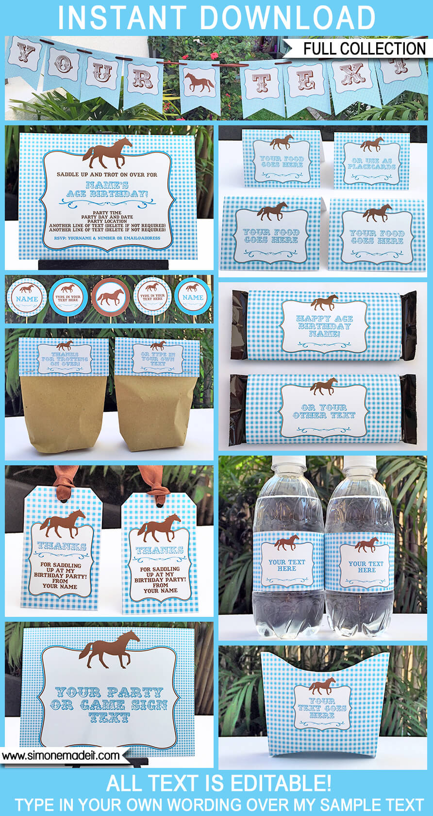 Blue Horse Birthday Party Printables, Invitations and Decorations | Pony Party | DIY Birthday Party Theme | Editable and Printable Templates | $12.50 INSTANT DOWNLOAD via simonemadeit.com