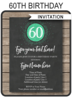 Chalkboard 60th Birthday Invitations Template | Chalkboard and green glitter | Editable & Printable DIY Template | INSTANT DOWNLOAD $7.50 via simonemadeit.com