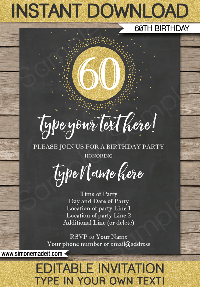 60th birthday invitation editable and printable chalkboard gold glitter 2