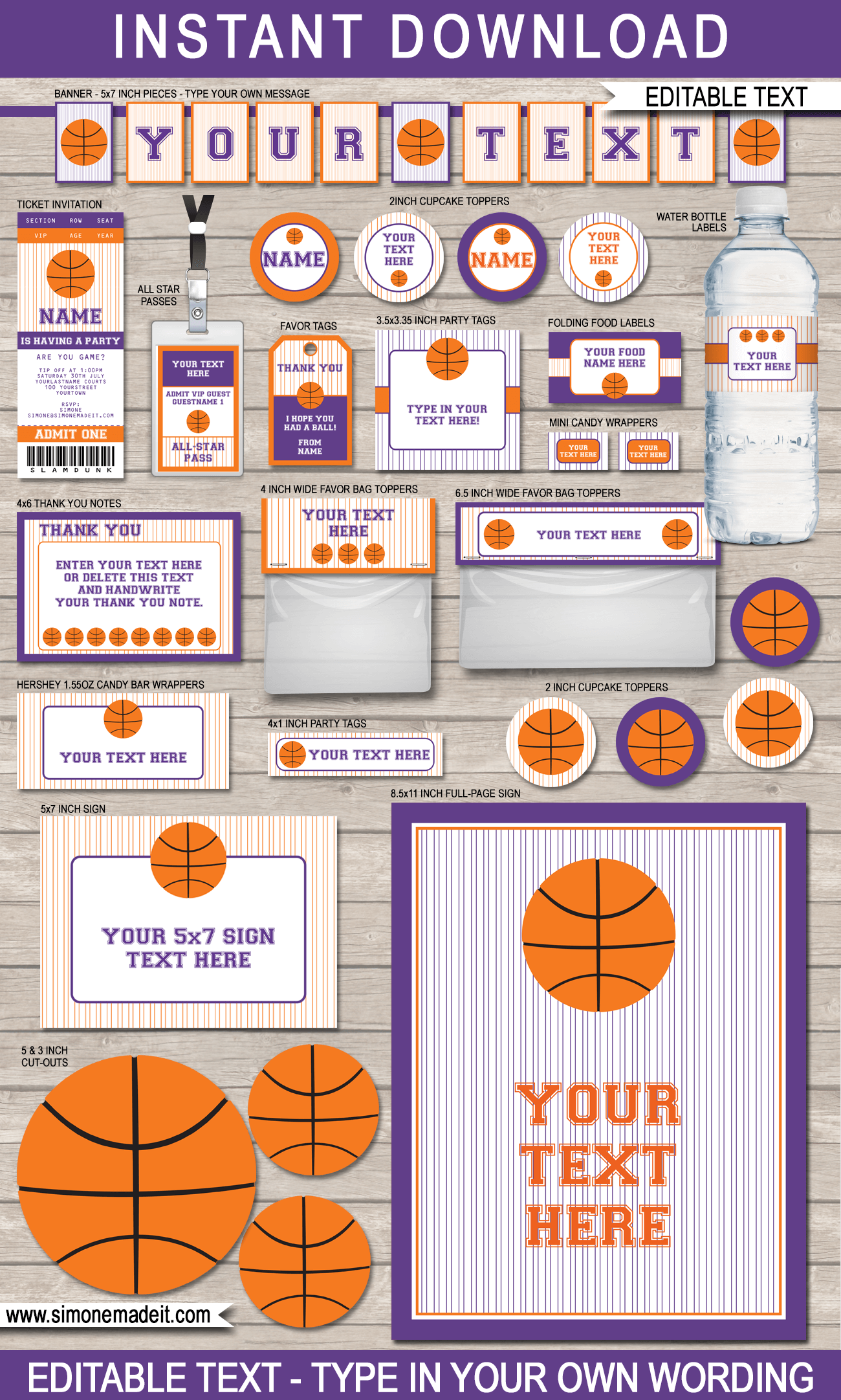 orange purple basketball printables invitations decorations