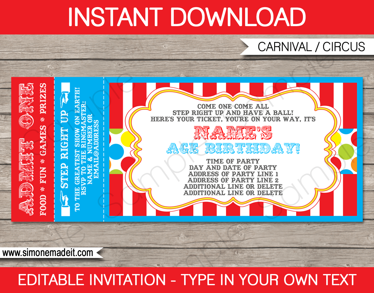 Carnival Ticket Invitation Template | Printable Circus Birthday Party Invite