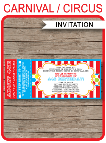 Carnival Ticket Invitation Template | Carnival Party | Circus Party | Editable and Printable | INSTANT DOWNLOAD $7.50 via simonemadeit.com