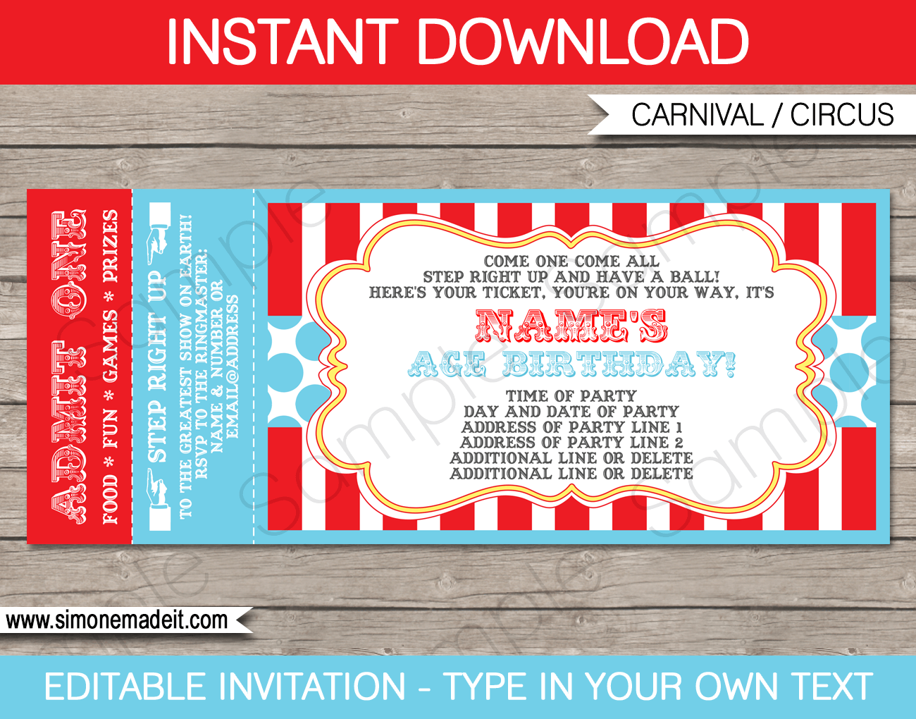 Circus Ticket Invitation Template Printable Birthday Party Invite
