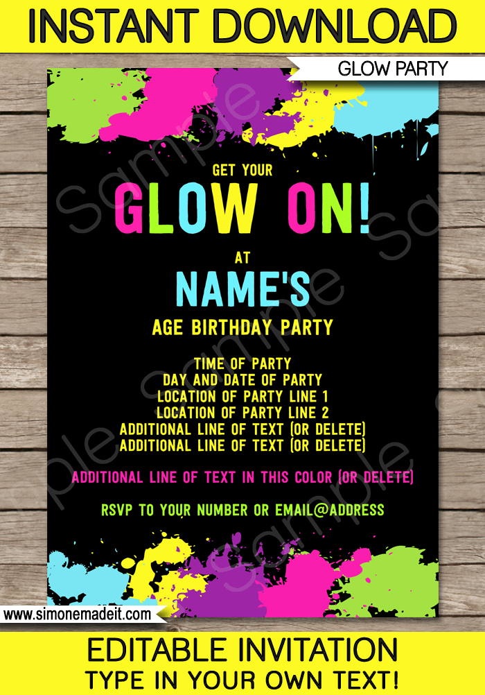 Neon Glow Party Invitations Template | Editable & Printable DIY Template | INSTANT DOWNLOAD $7.50 via simonemadeit.com