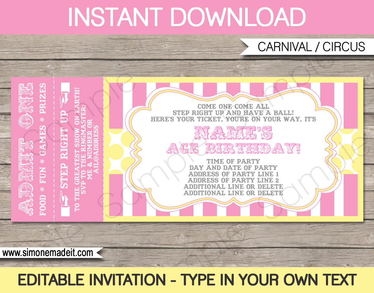 Carnival Birthday Ticket Invitations Template | Pink Yellow Circus Invite